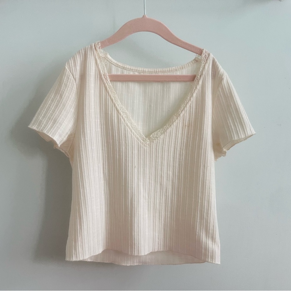 Mi Ami Cream Ribbed Fitted Short Sleeve Tee
